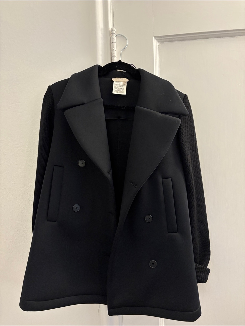 Black Double-Breasted Peacoat with Textured Sleeves